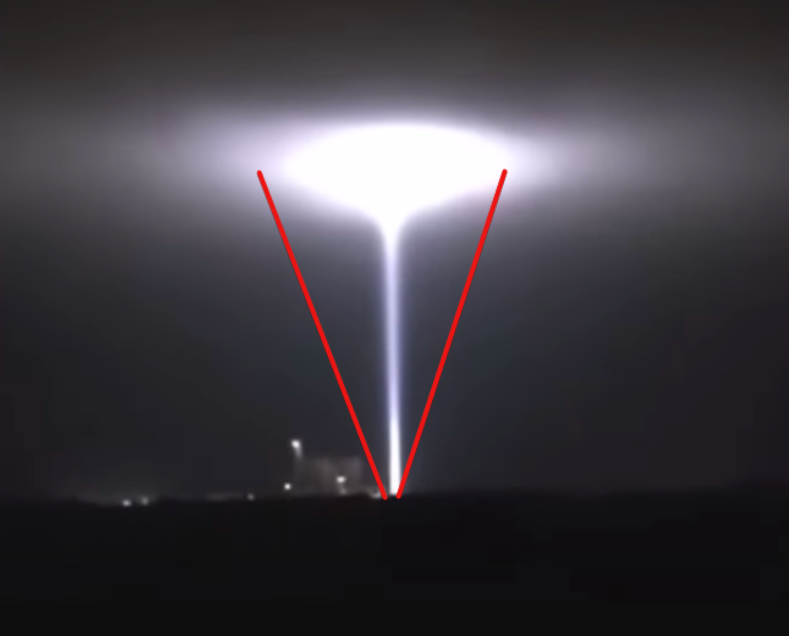 light in the sky with red lines indicating how the light beam should spread