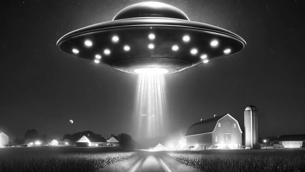 black and white ufo hovering over a farmhouse